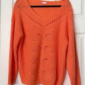 Lascana Coral-Orange V-Neck Openwork Cable Knit Sweater